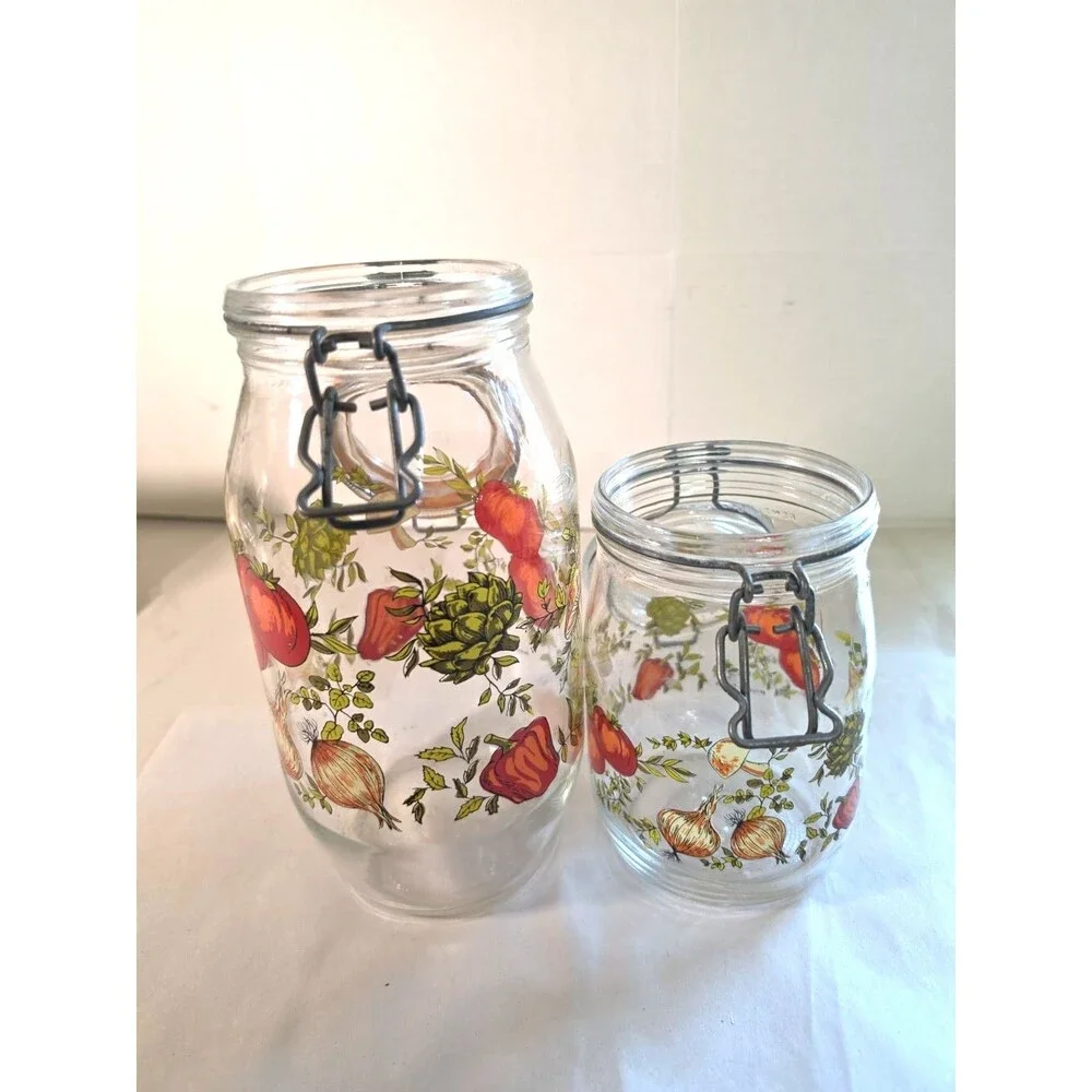 Vintage 2 Glass Canisters France Mushroom Spice Of Life 2 liter & 1 Liter Arc